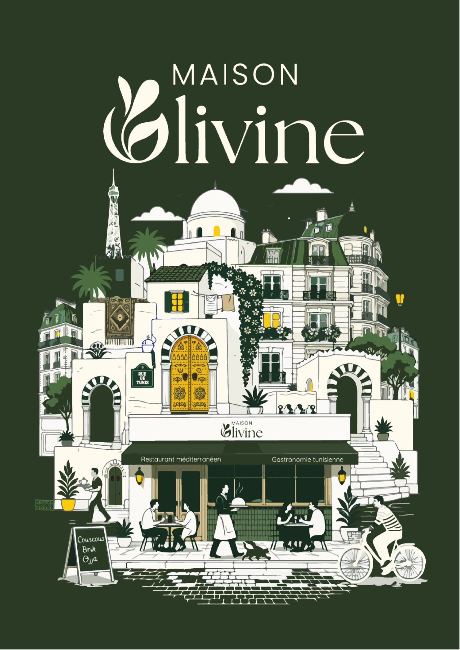 Affiche illustrée Maison Olivine, entre Tunis et Paris
